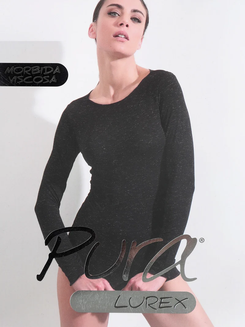 P0724M Maglietta donna in lurex a maniche lunghe con scollo a barca - nero