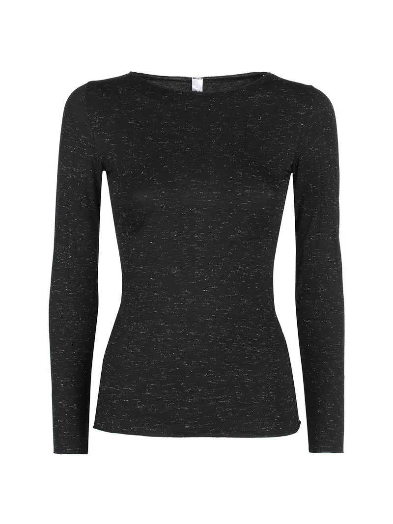 P0724M Maglietta donna in lurex a maniche lunghe con scollo a barca - nero