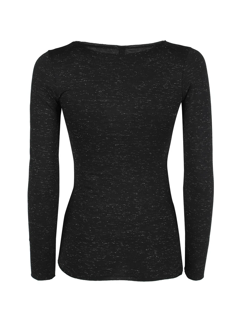 P0724M Maglietta donna in lurex a maniche lunghe con scollo a barca - nero