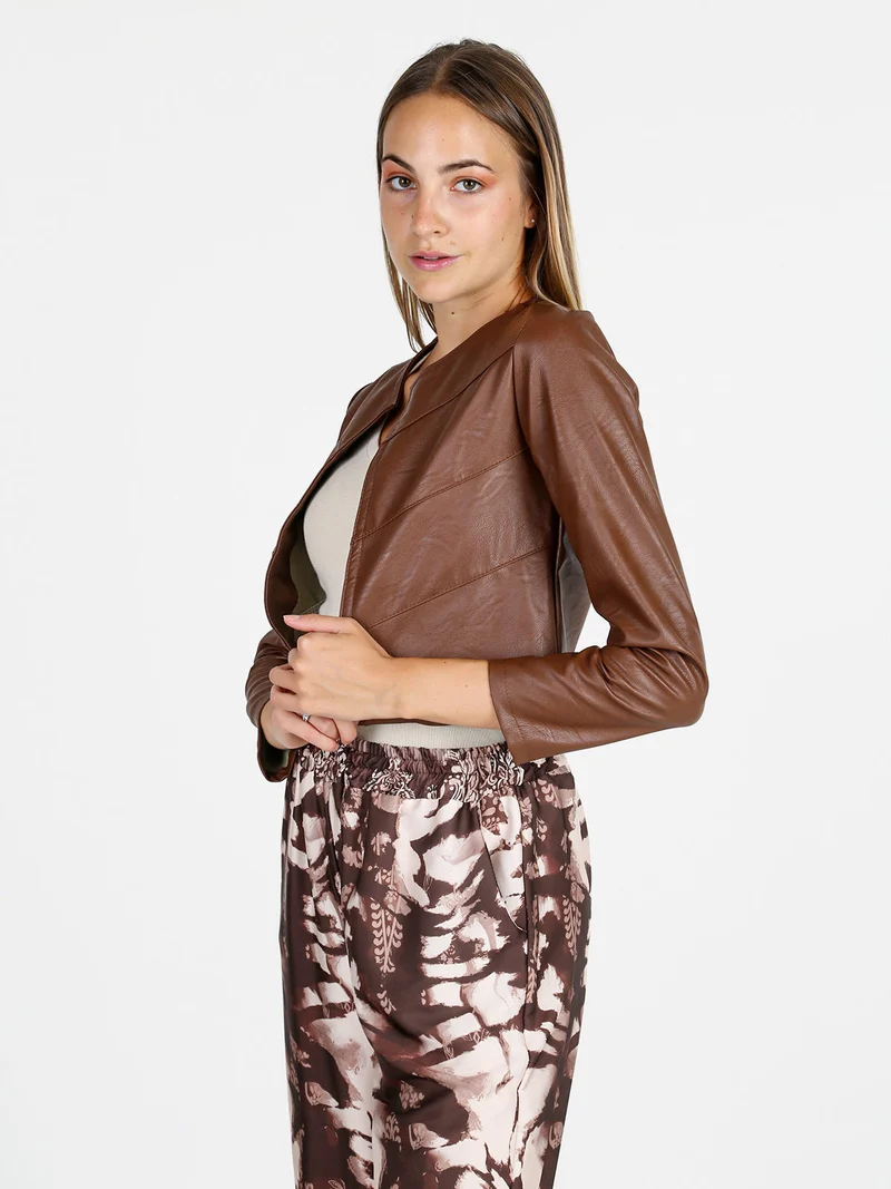 Blazer donna aperto in ecopelle - marrone