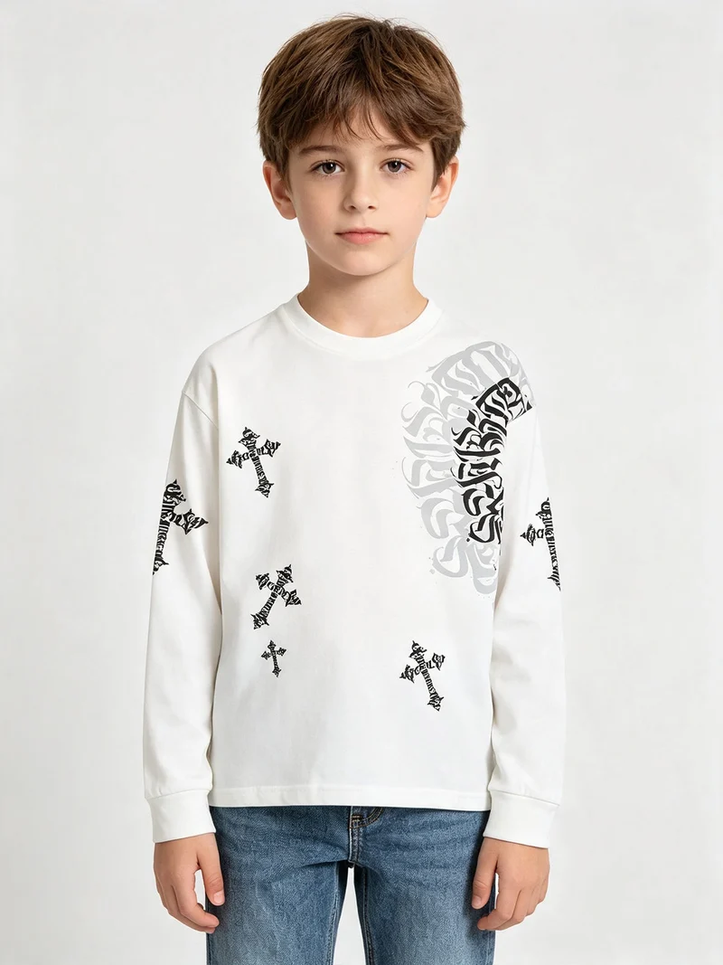 Felpa girocollo da bambino in cotone con stampe - bianco