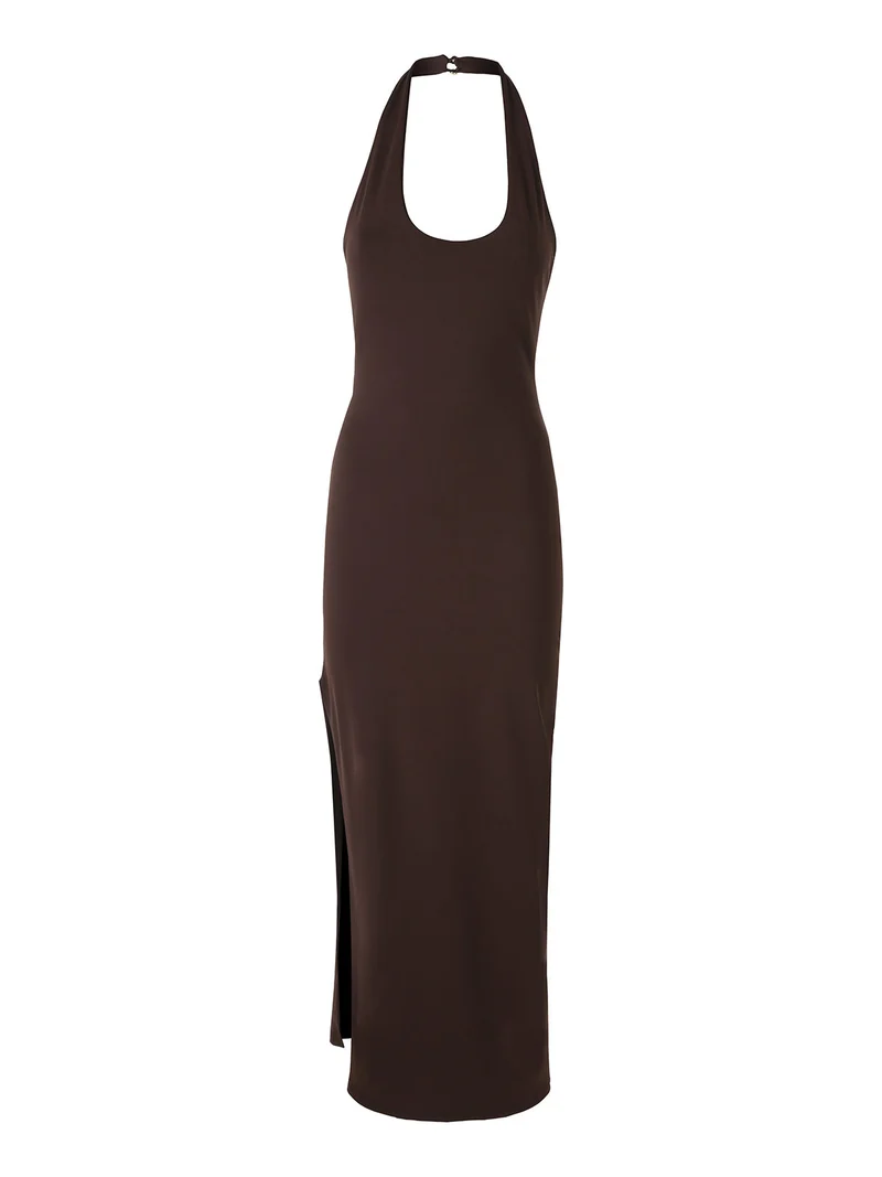 Abito elegante da donna con spalle scoperte e spacco laterale - moro