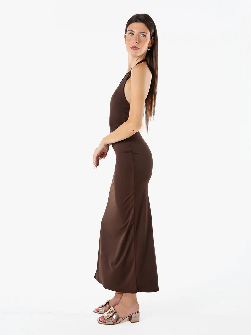 Abito elegante da donna con spalle scoperte e spacco laterale - moro