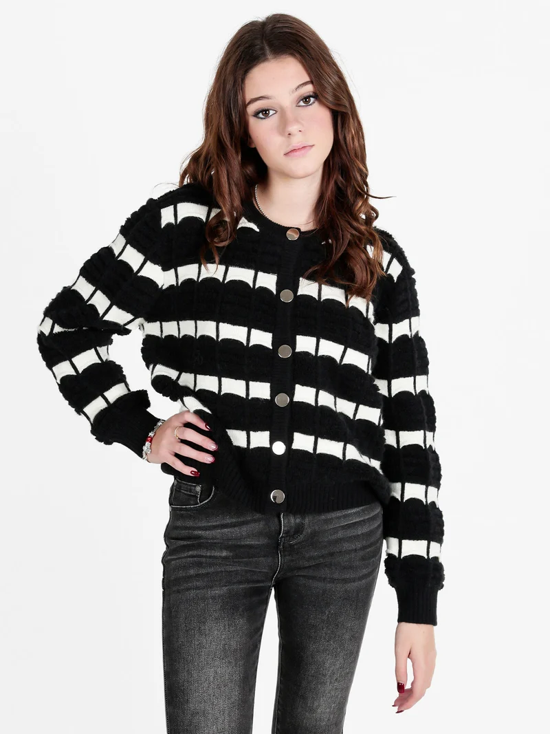 Cardigan donna in maglia bicolore con bottoni - nero