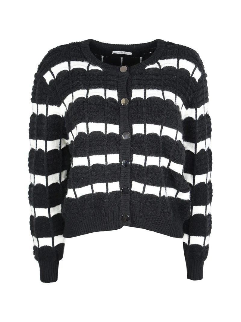 Cardigan donna in maglia bicolore con bottoni - nero