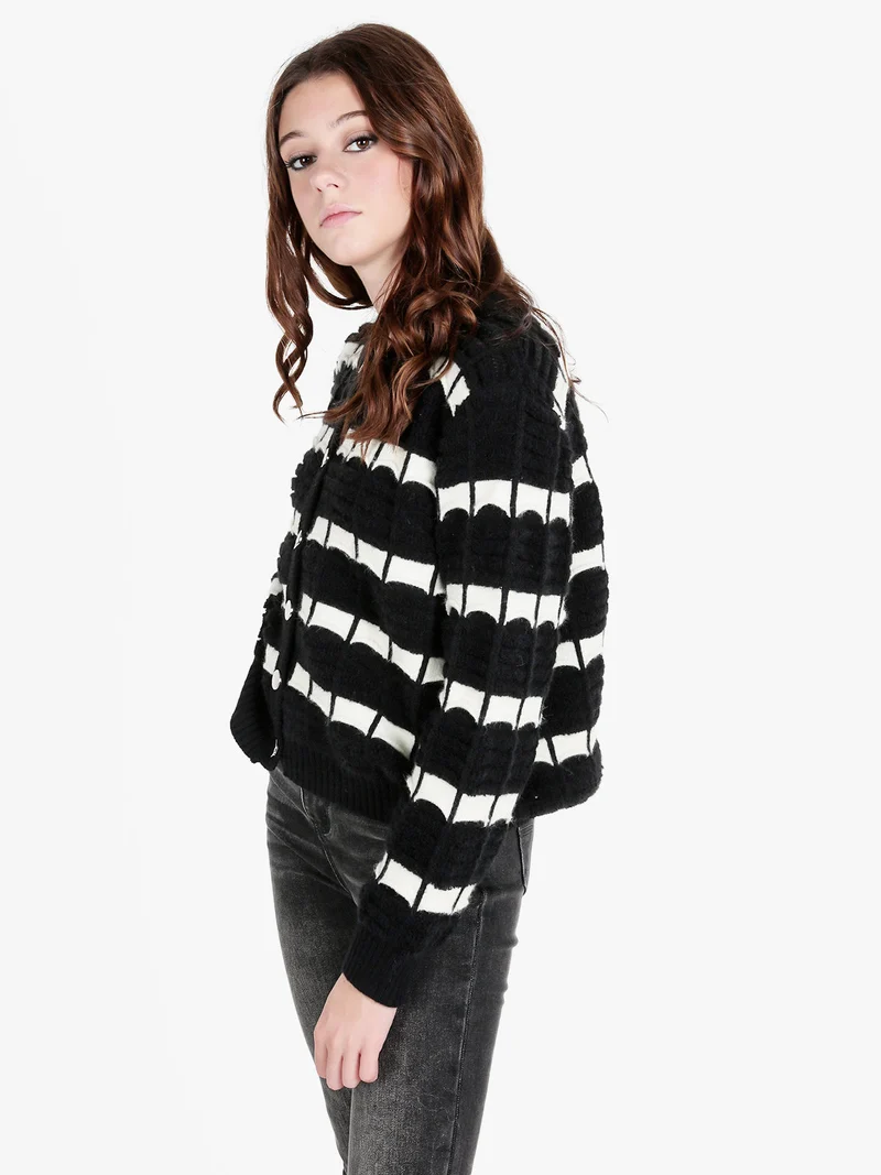 Cardigan donna in maglia bicolore con bottoni - nero