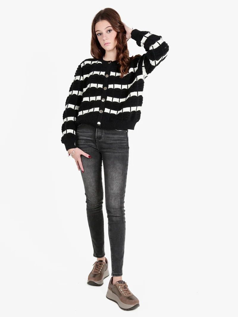 Cardigan donna in maglia bicolore con bottoni - nero