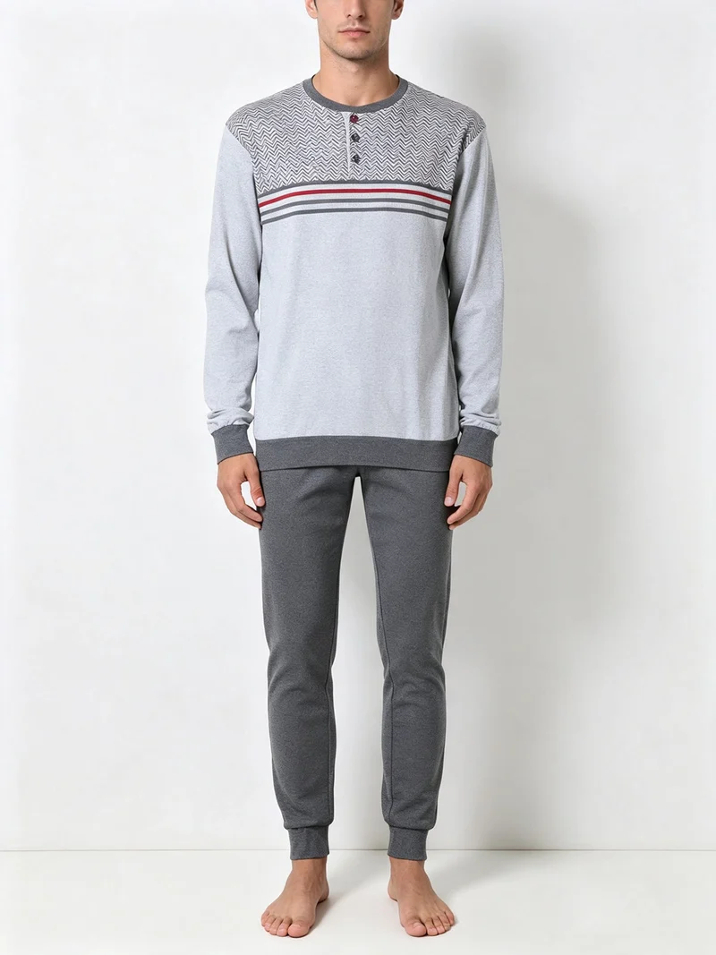 Pigiama lungo da uomo in cotone interlock - grigio