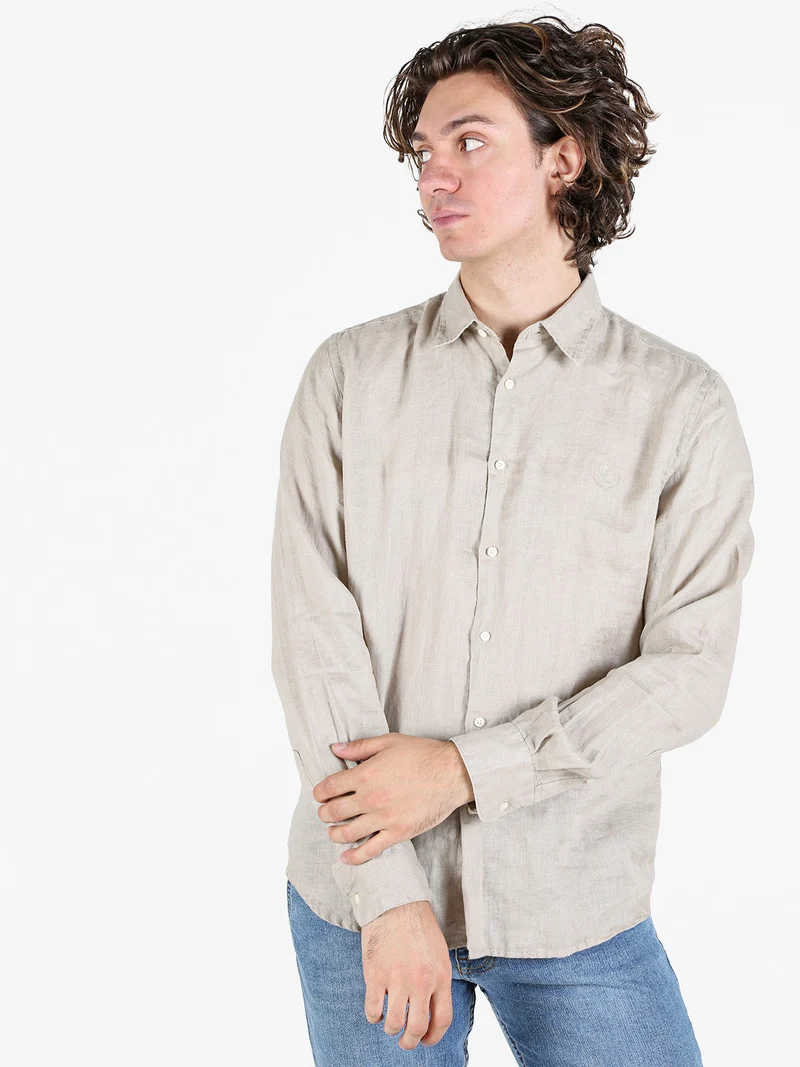 Camicia in lino da uomo a maniche lunghe - taupe