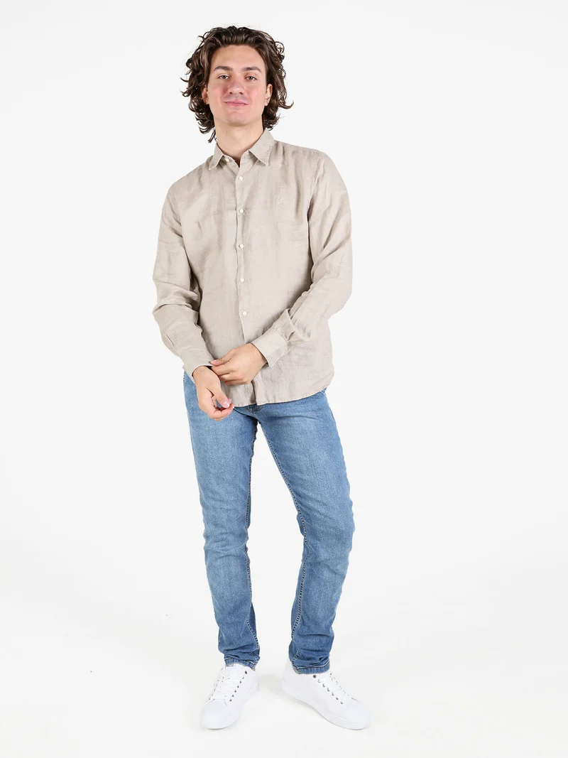 Camicia in lino da uomo a maniche lunghe - taupe