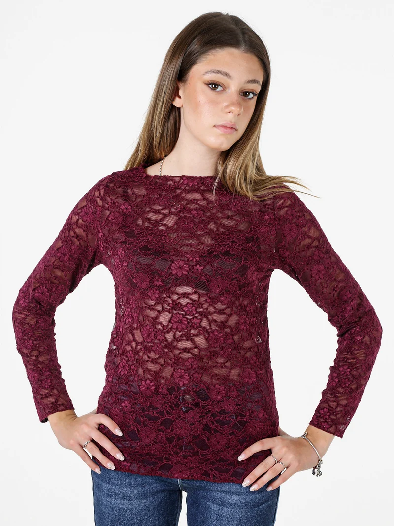 Blusa donna in pizzo con scollo a barchetta - bordeaux