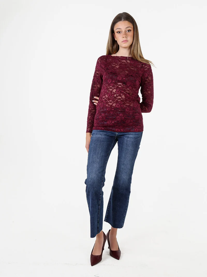 Blusa donna in pizzo con scollo a barchetta - bordeaux
