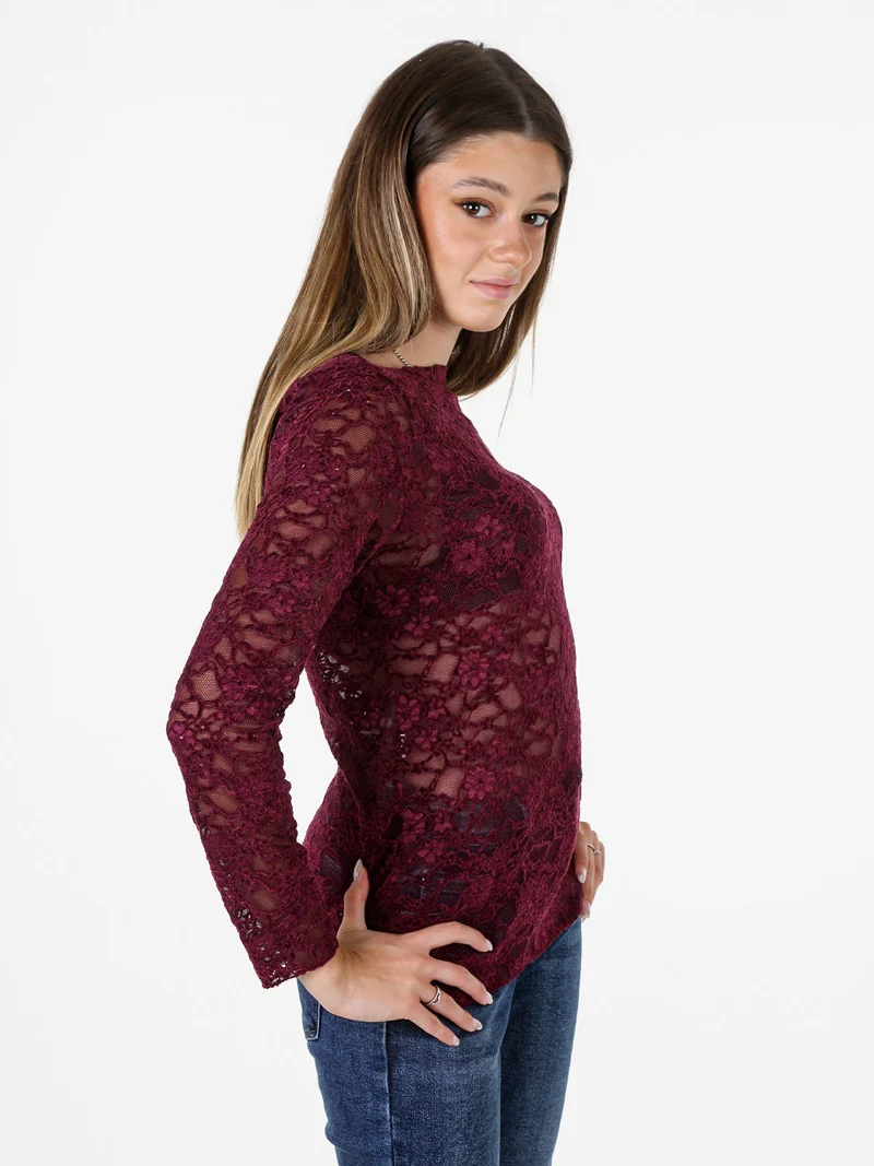 Blusa donna in pizzo con scollo a barchetta - bordeaux
