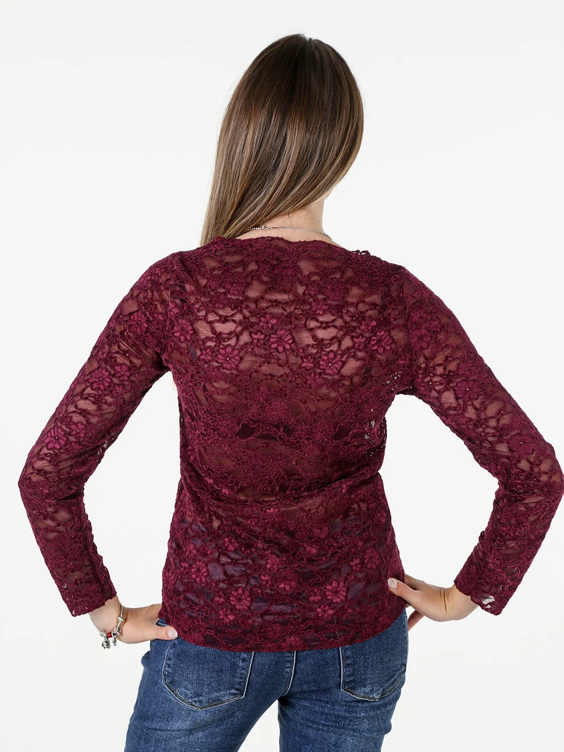 Blusa donna in pizzo con scollo a barchetta - bordeaux