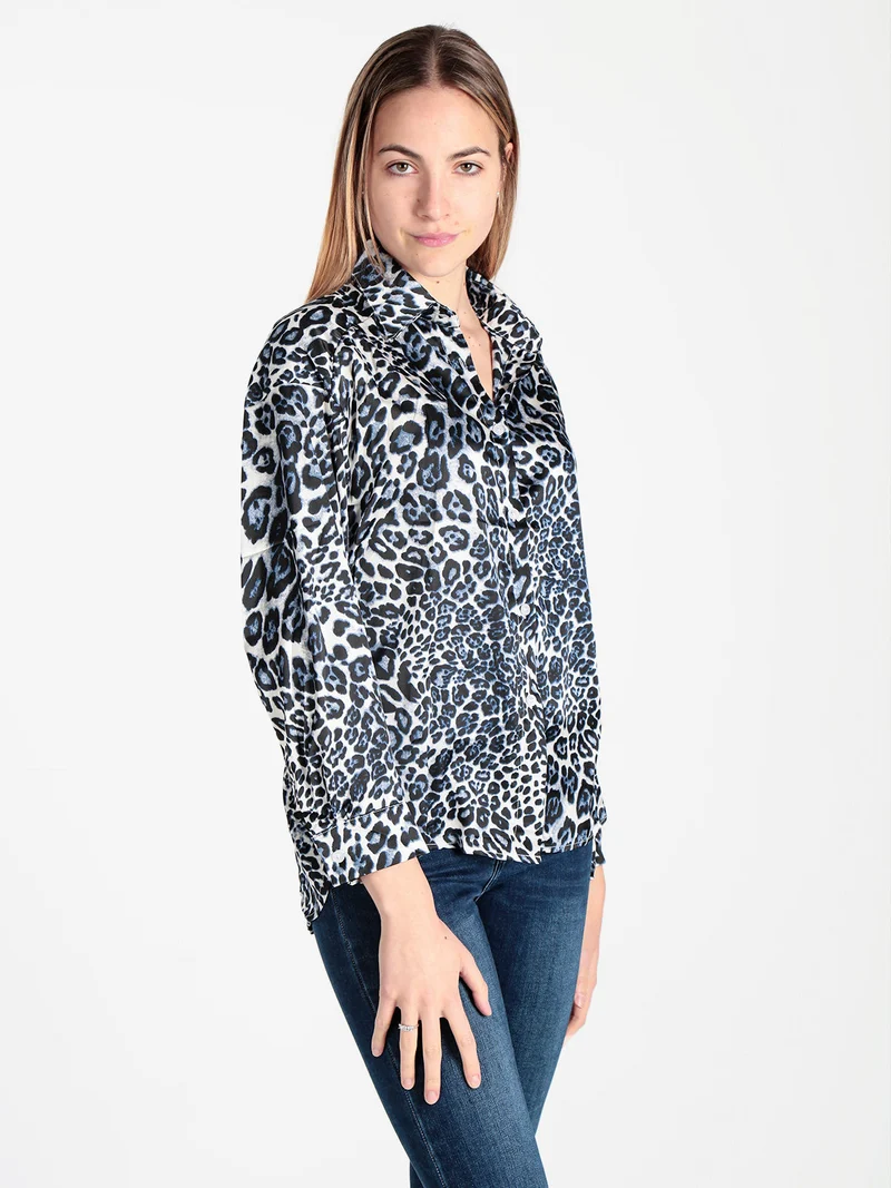 Camicia donna animalier a maniche lunghe - blu