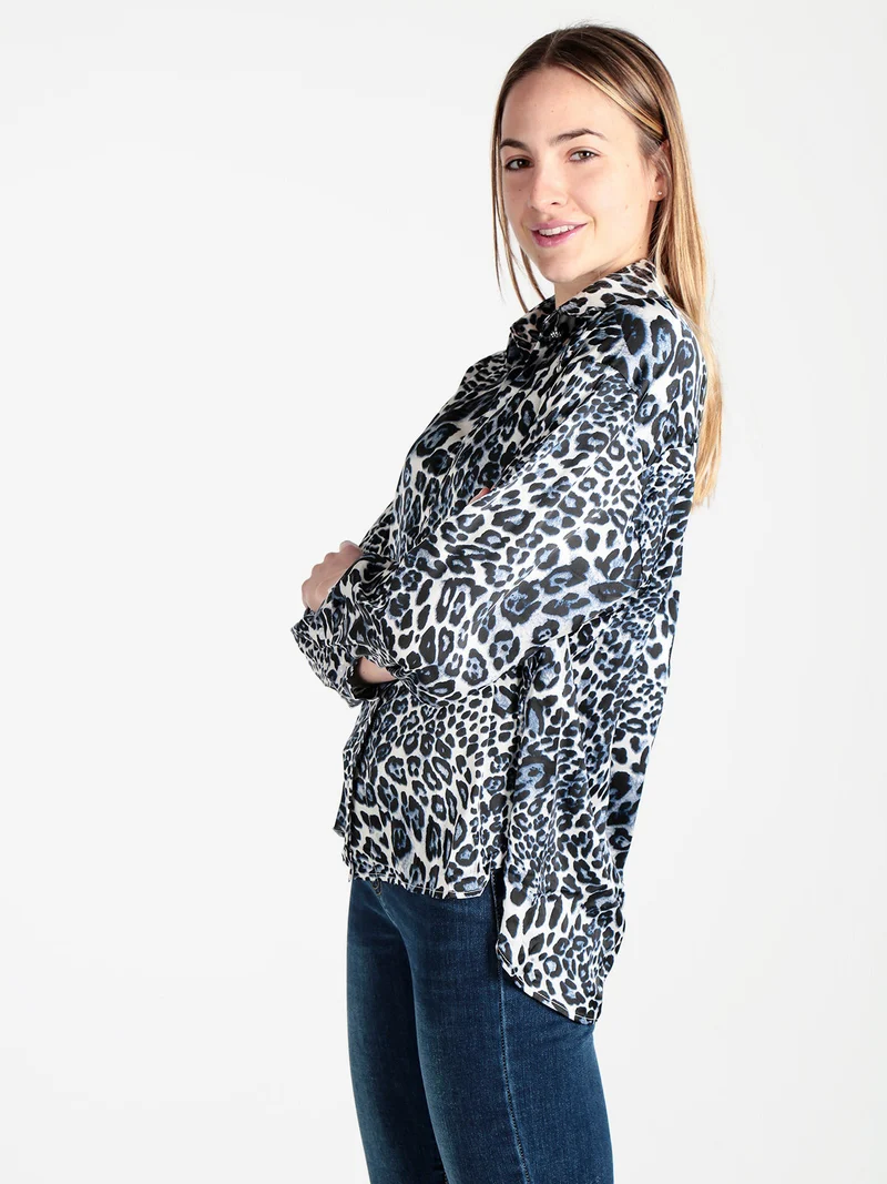 Camicia donna animalier a maniche lunghe - blu