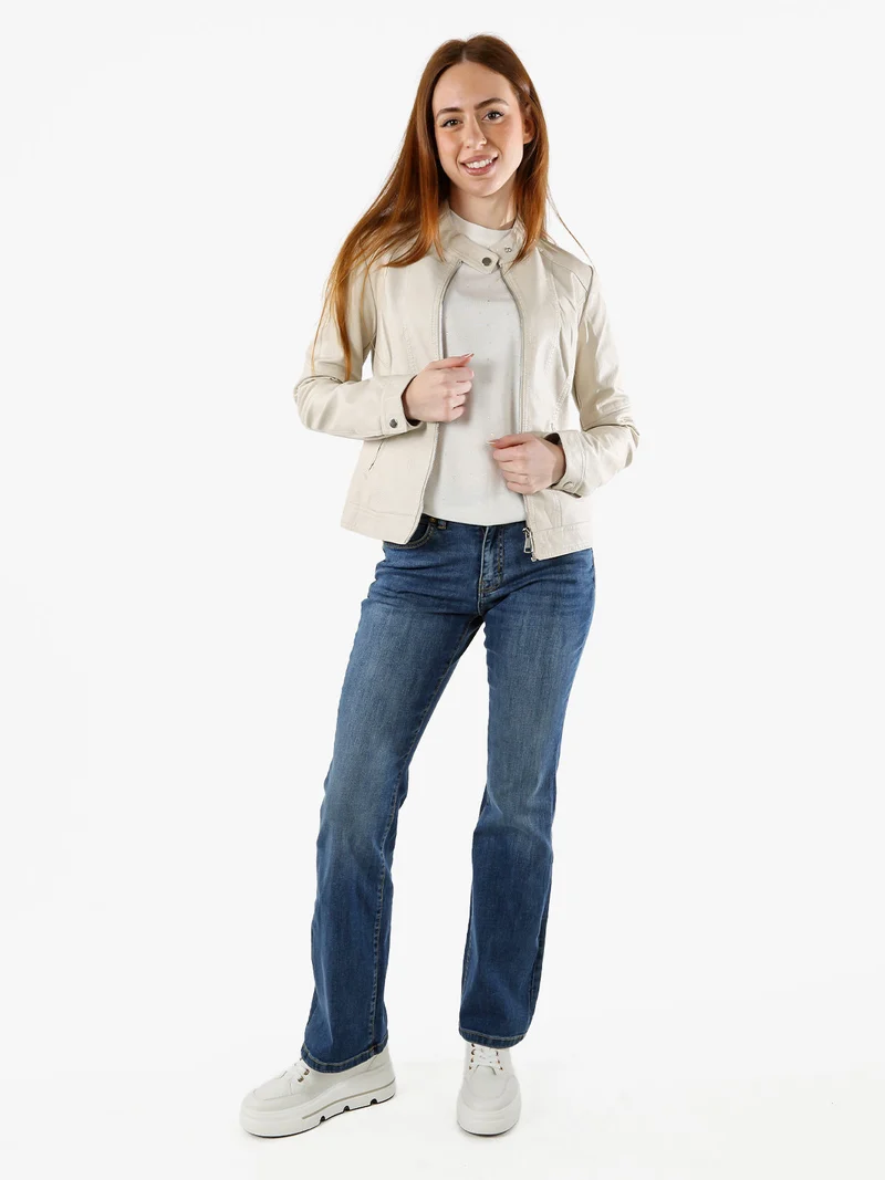 Giacca in ecopelle da donna con zip - beige