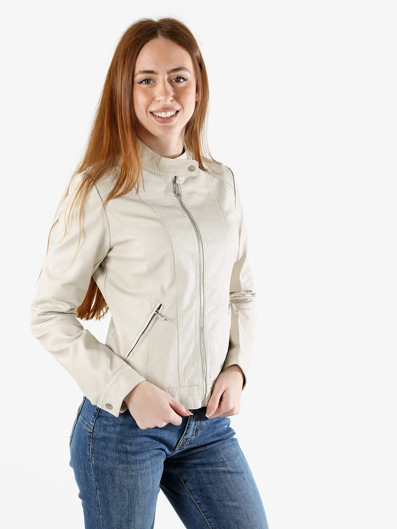 Giacca in ecopelle da donna con zip - beige