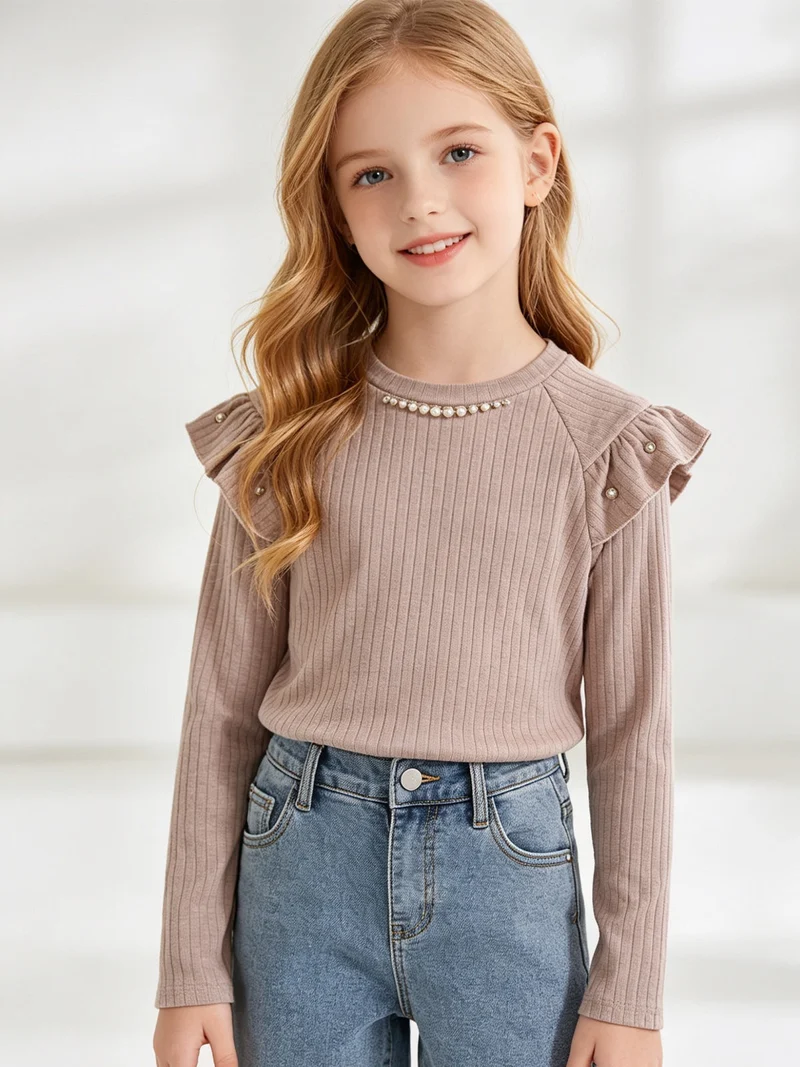 Maglia da bambina a maniche lunghe con dettagli di perle - beige