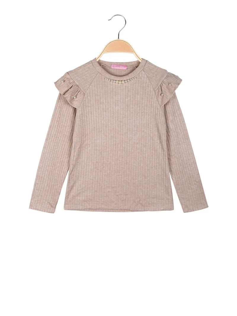 Maglia da bambina a maniche lunghe con dettagli di perle - beige