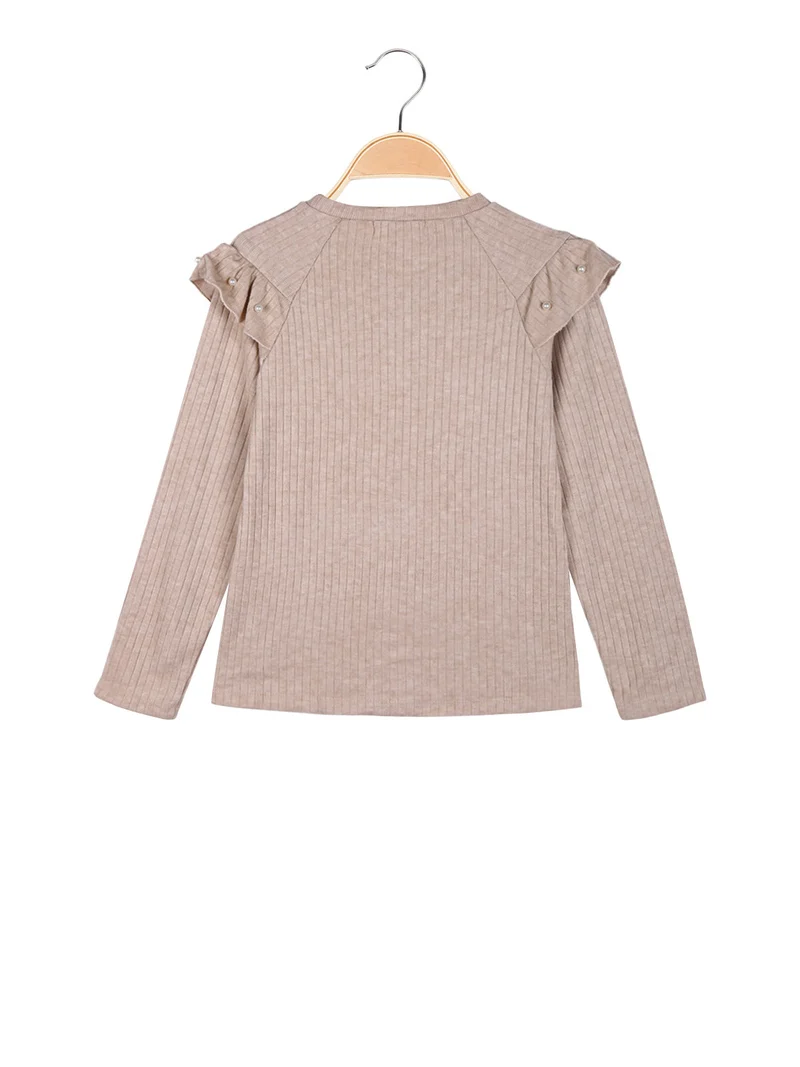 Maglia da bambina a maniche lunghe con dettagli di perle - beige