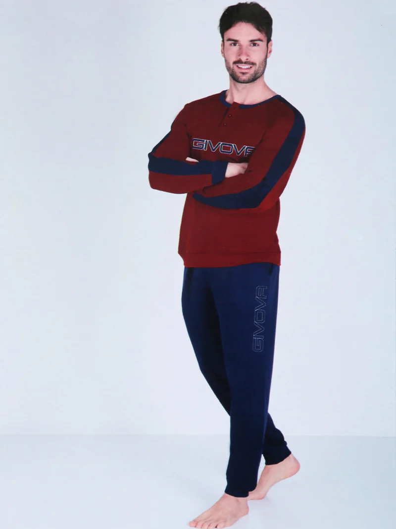 Pigiama lungo da uomo in misto cotone interlock - bordeaux