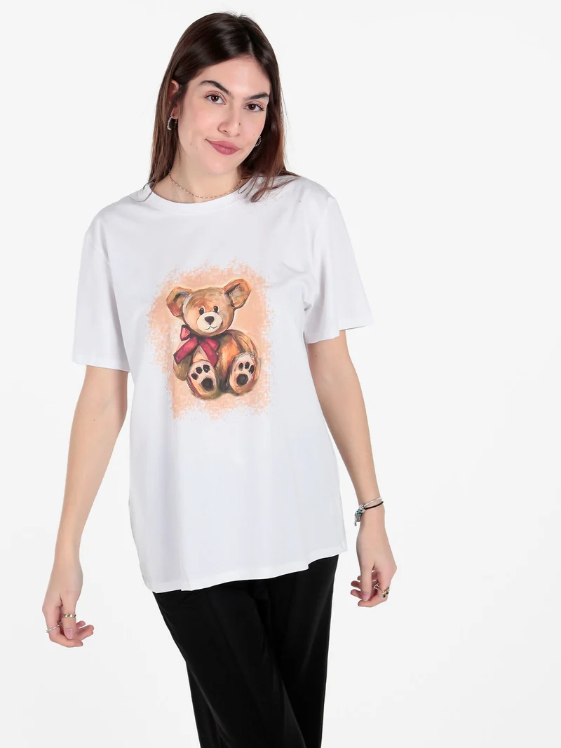 T-shirt donna oversize con stampa orsacchiotto - albicocca