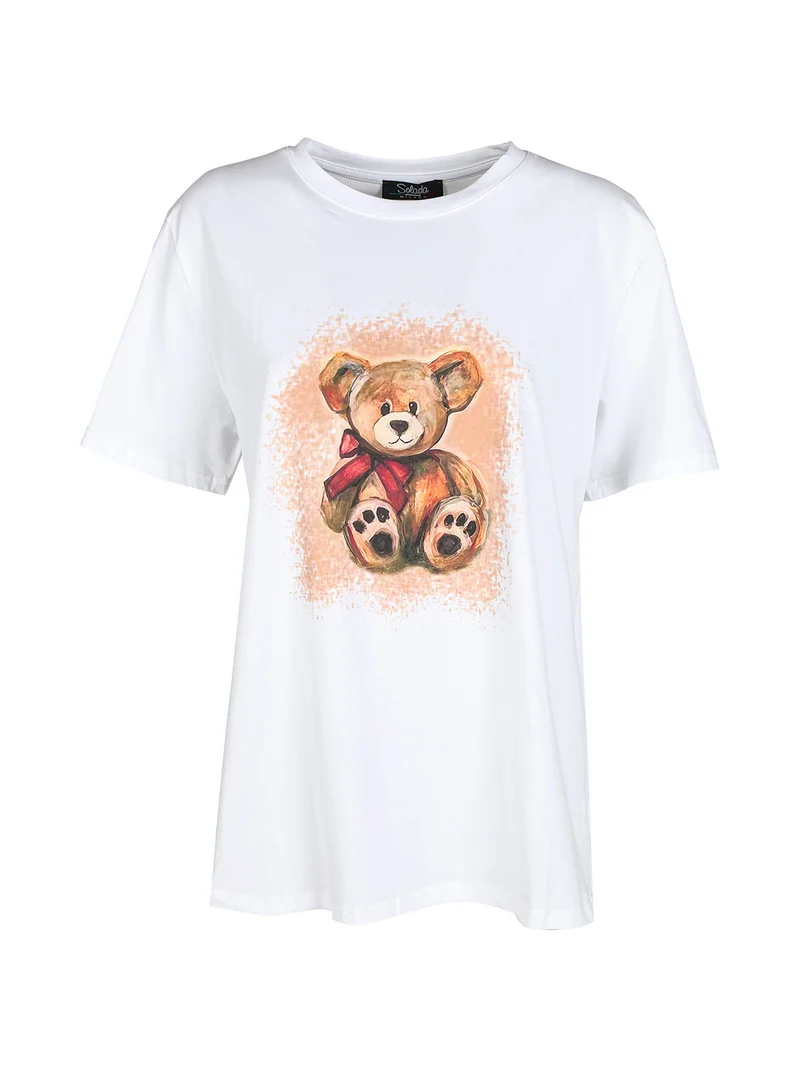 T-shirt donna oversize con stampa orsacchiotto - albicocca