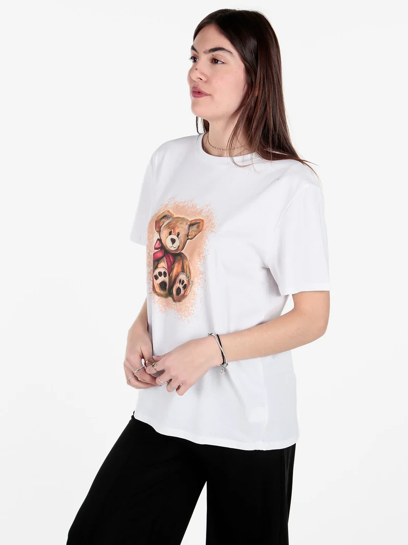 T-shirt donna oversize con stampa orsacchiotto - albicocca