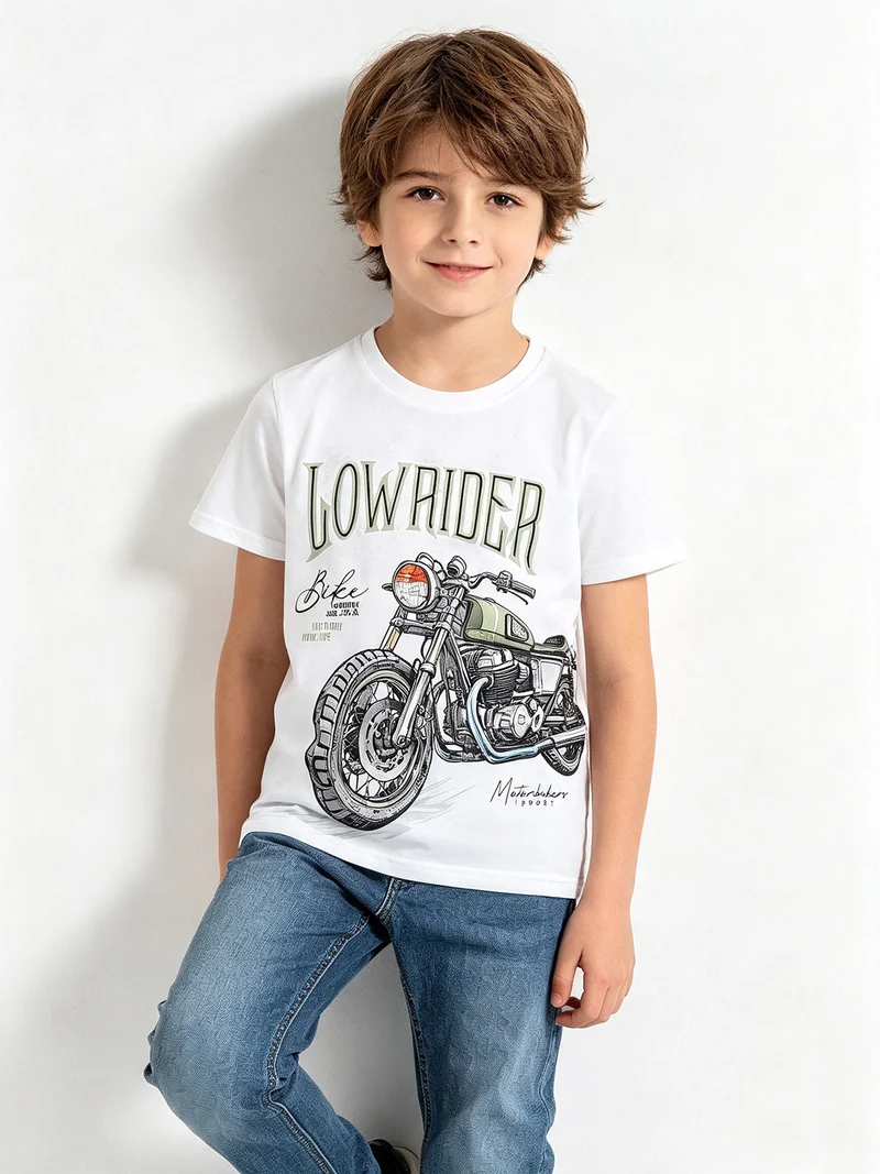 T-shirt da ragazzo in cotone con stampa disegno - bianco