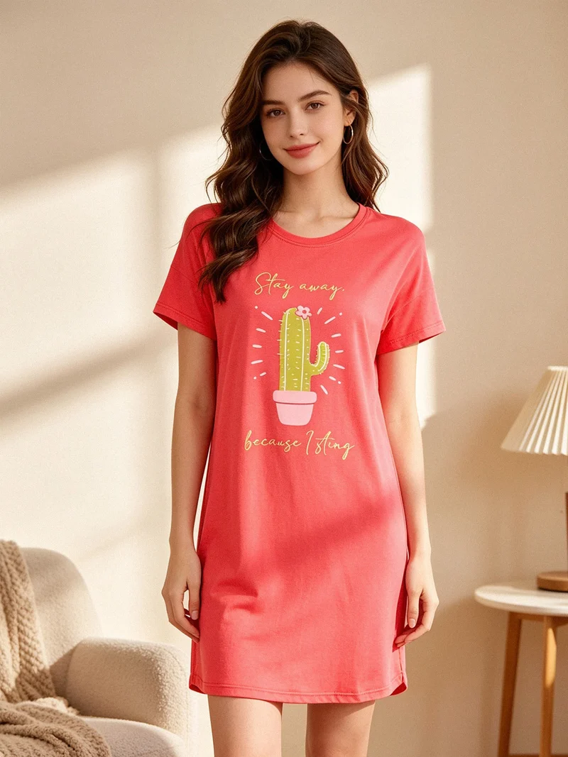 Vestito donna in cotone a maniche corte - fragola
