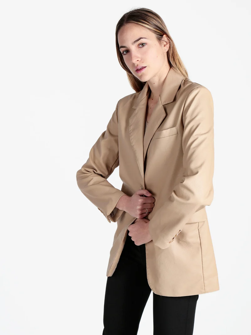 Giacca donna in ecopelle con bottoni - beige