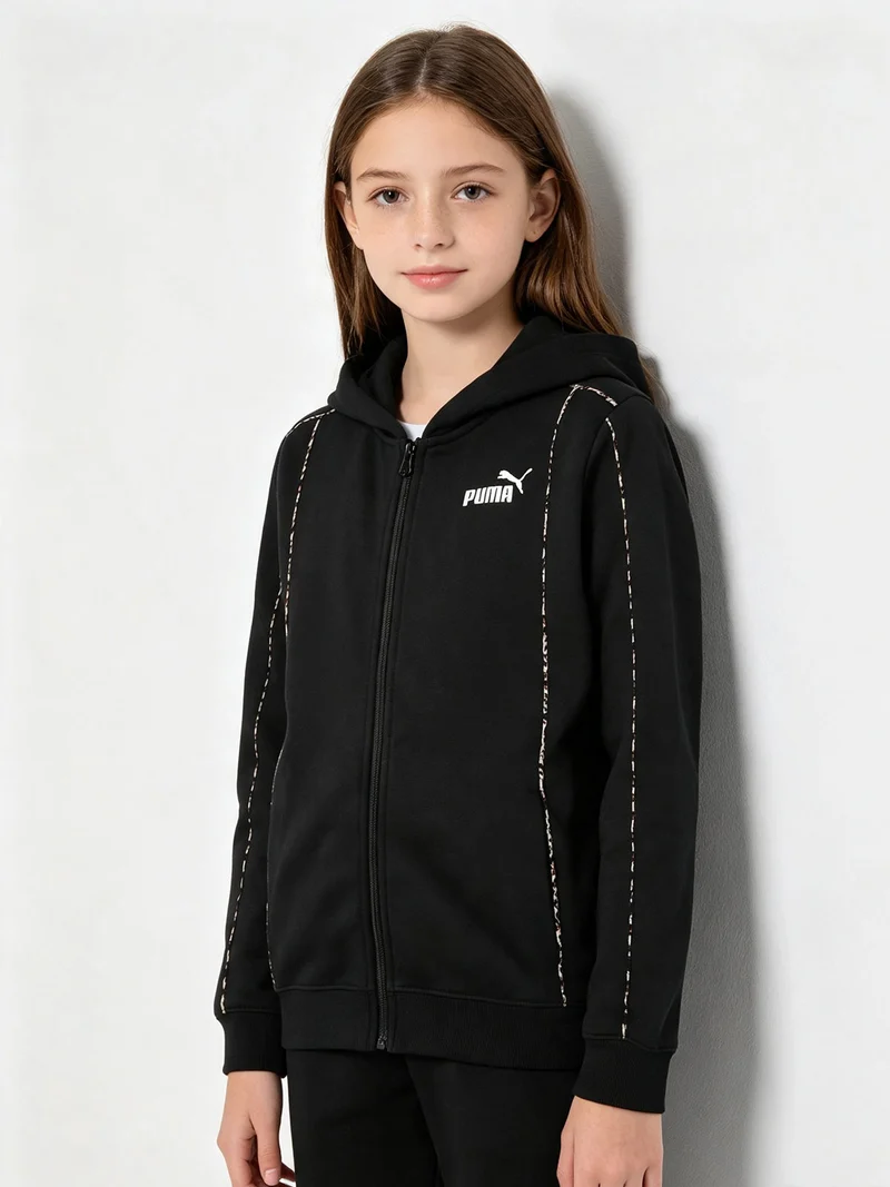 Felpa da ragazza full zip con cappuccio e interno in caldo cotone - nero