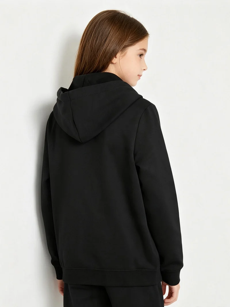 Felpa da ragazza full zip con cappuccio e interno in caldo cotone - nero