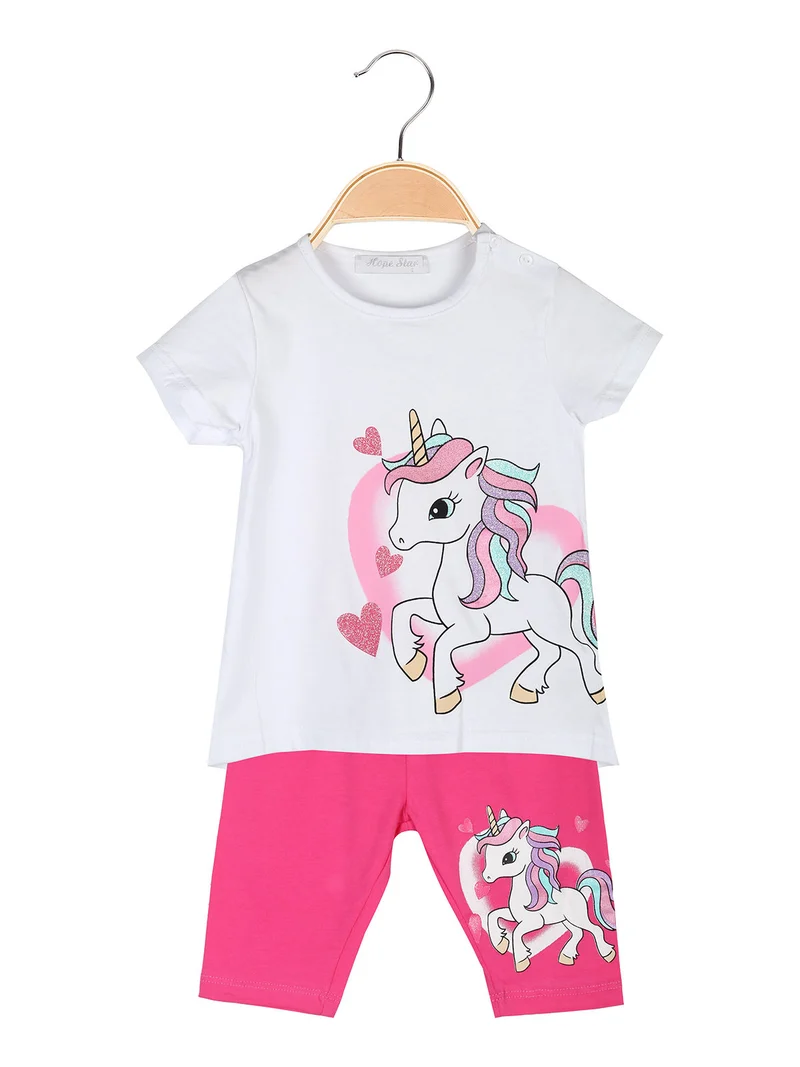 Completo corto da neonata con t-shirt e leggings unicorno - fucsia