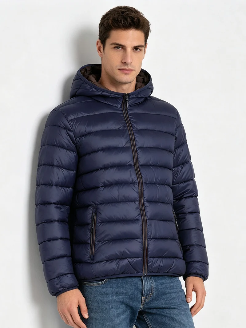 Giubbotto da uomo imbottito con cappuccio e zip - blu scuro