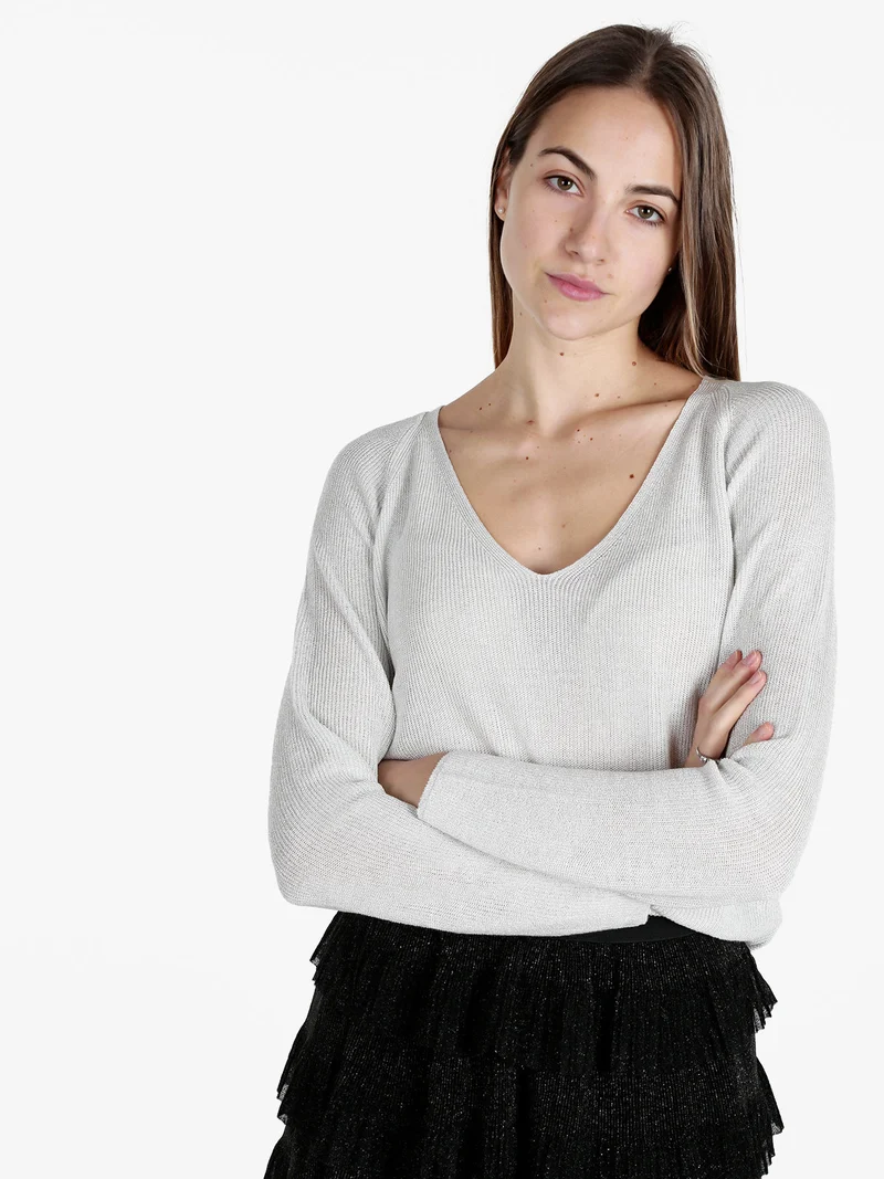 Pullover donna in lurex con scollo a V - perla