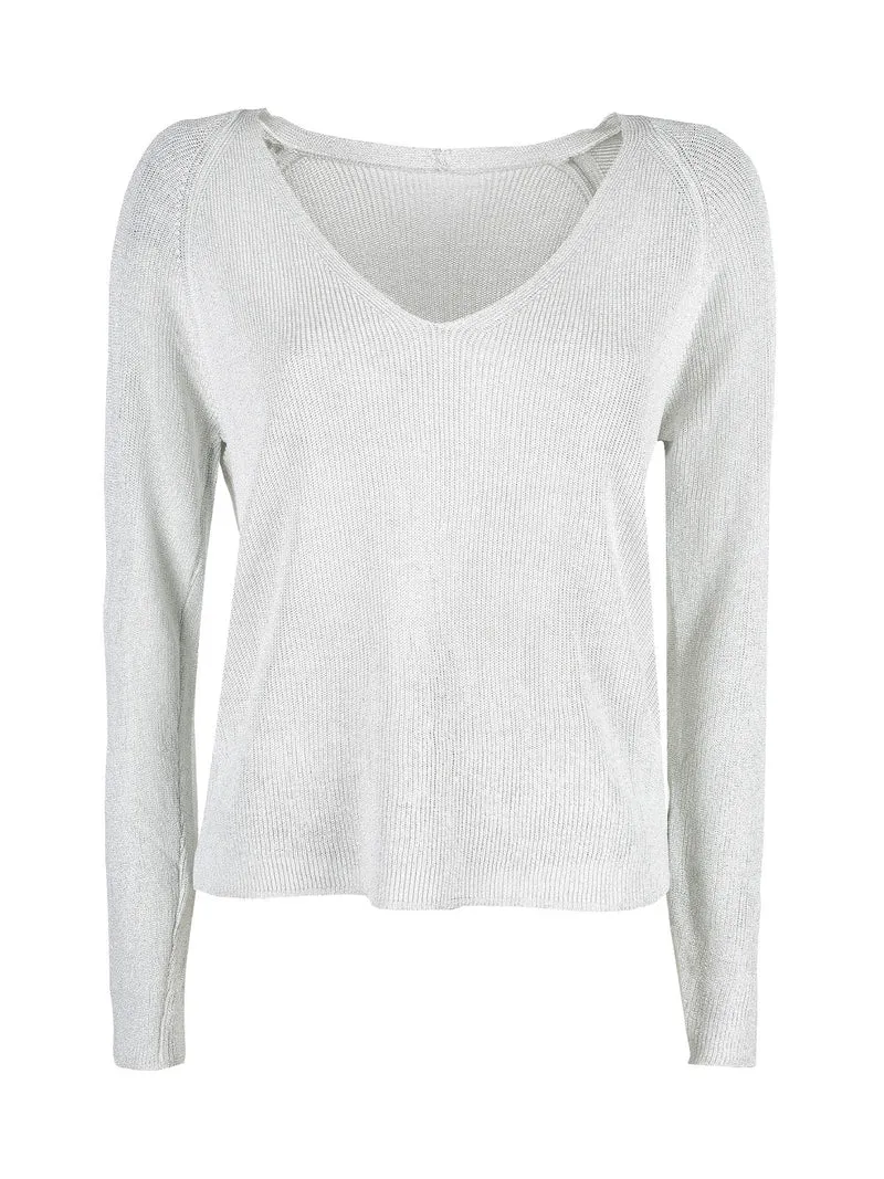 Pullover donna in lurex con scollo a V - perla