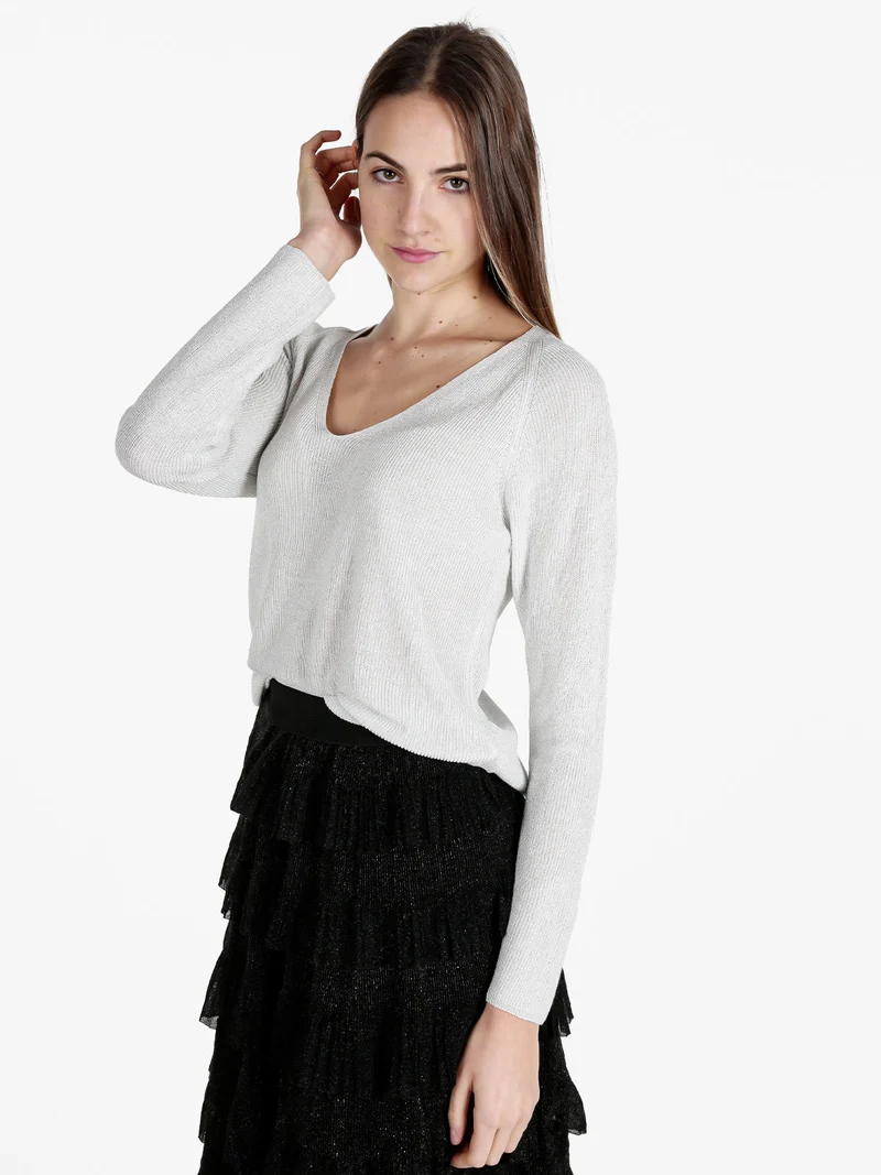 Pullover donna in lurex con scollo a V - perla