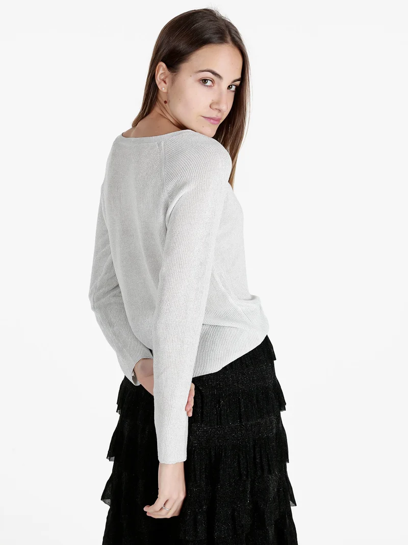 Pullover donna in lurex con scollo a V - perla