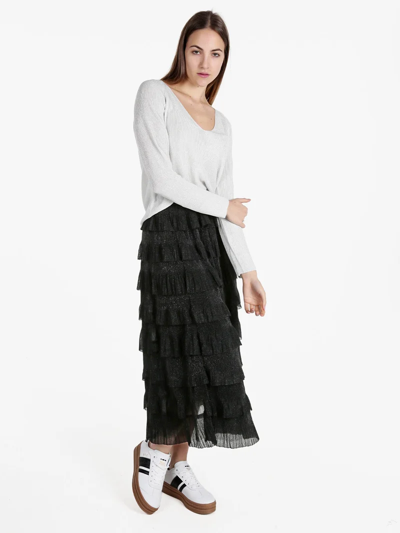 Pullover donna in lurex con scollo a V - perla
