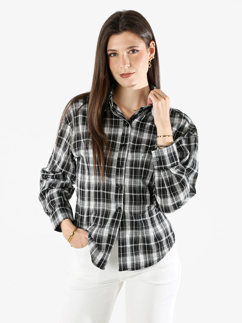 Camicia a quadri da donna a maniche lunghe - nero