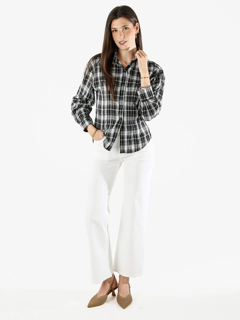 Camicia a quadri da donna a maniche lunghe - nero