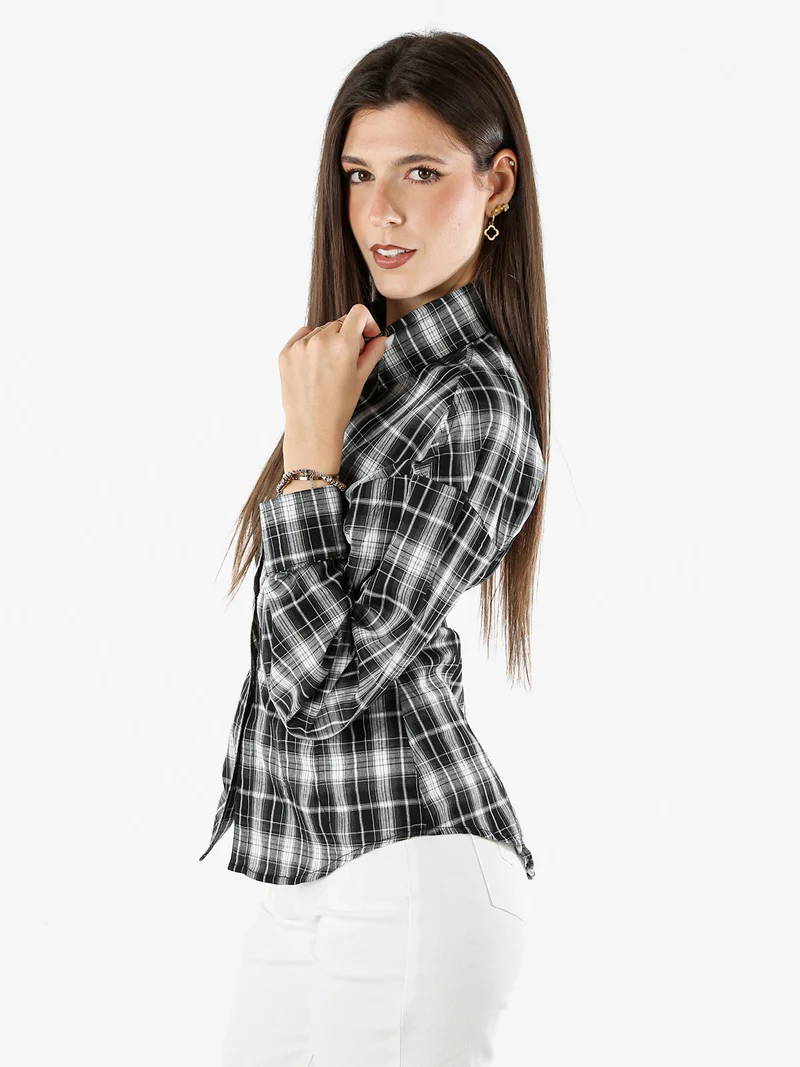 Camicia a quadri da donna a maniche lunghe - nero