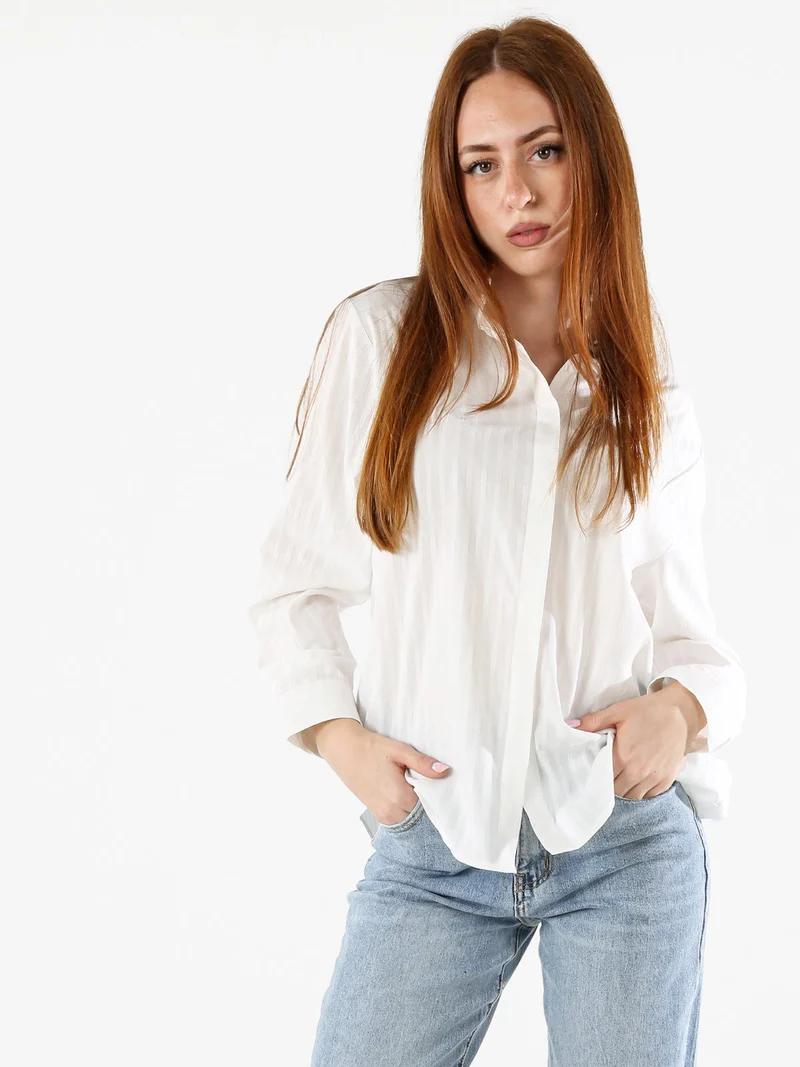 Camicia donna in cotone a maniche lunghe con bottoni coperti - bianco