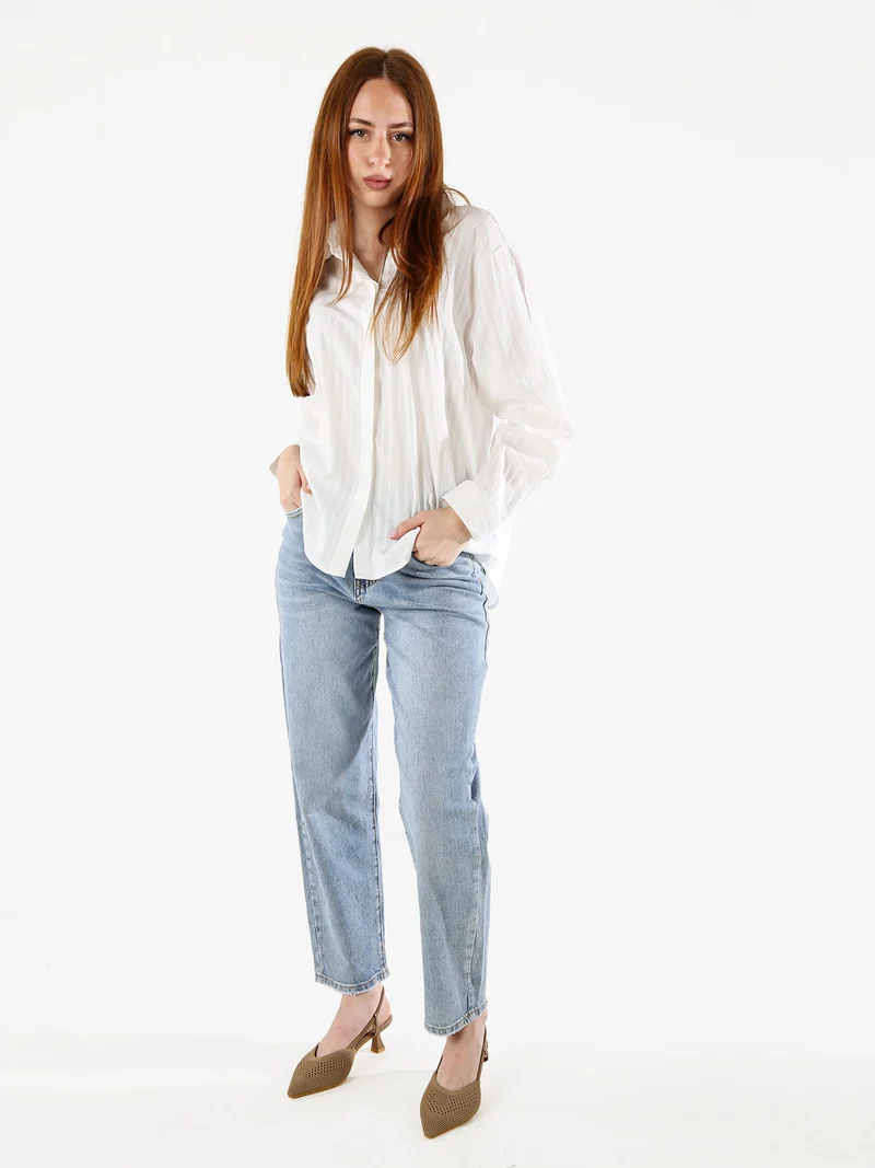 Camicia donna in cotone a maniche lunghe con bottoni coperti - bianco