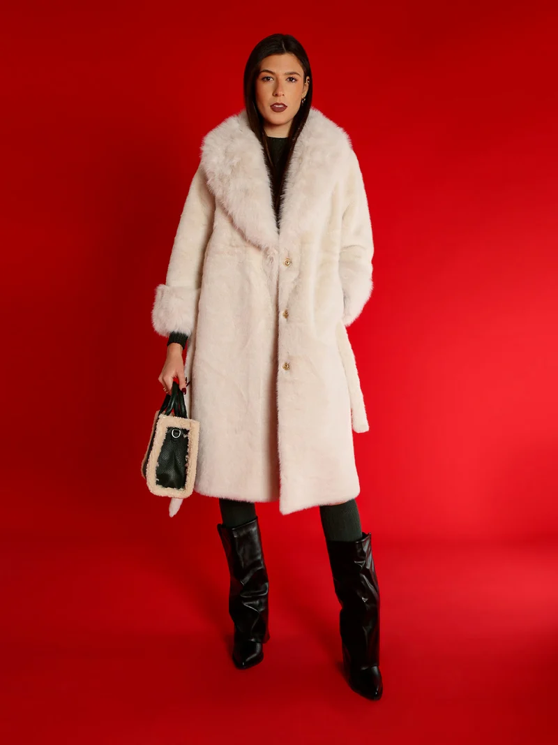 Cappotto lungo da donna in ecopelliccia - panna