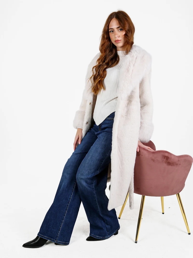 Cappotto lungo da donna in ecopelliccia - panna