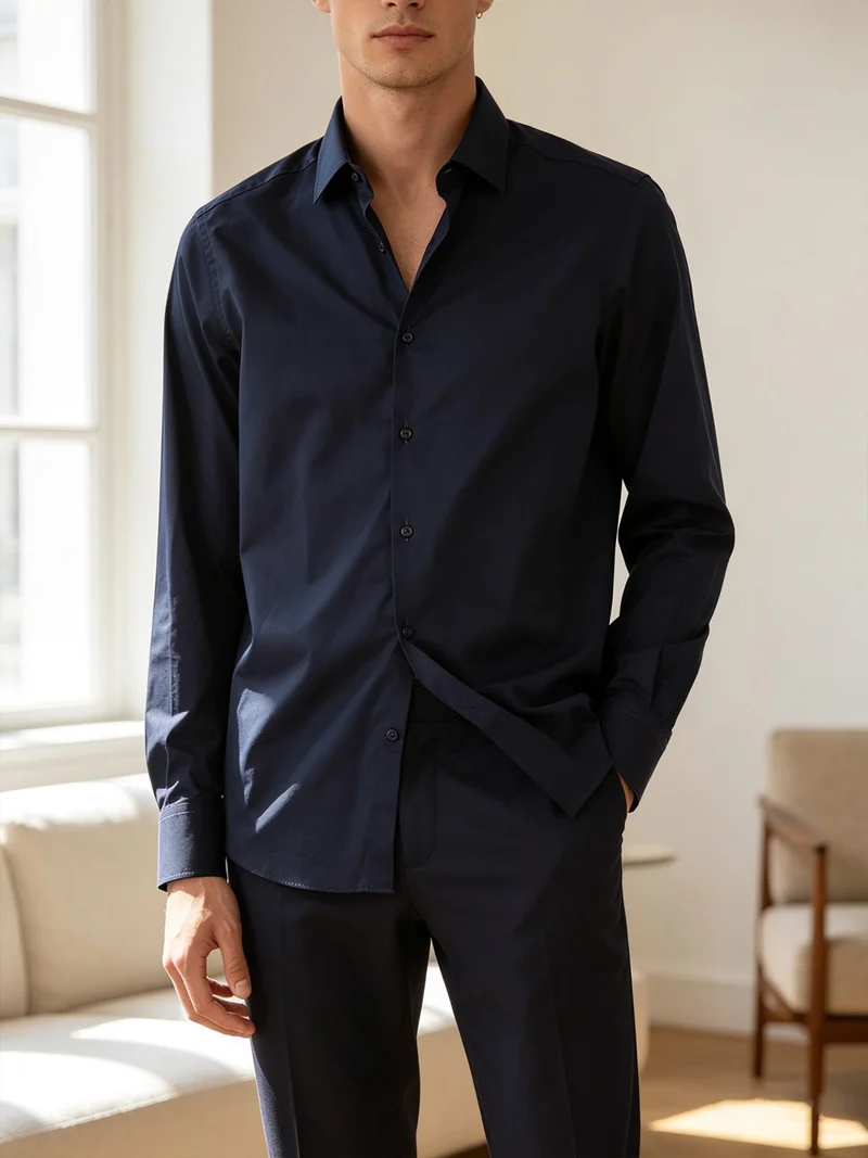 Camicia da uomo slim fit in cotone a maniche lunghe - blu scuro