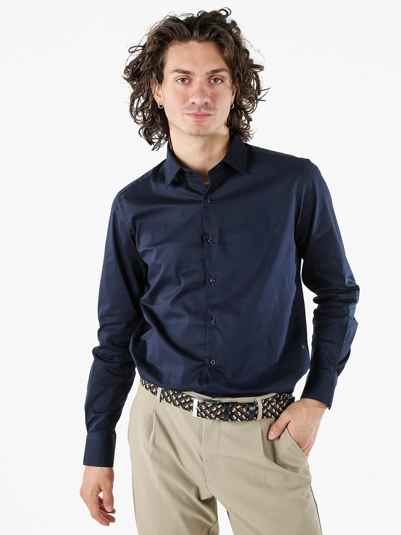 Camicia da uomo slim fit in cotone a maniche lunghe - blu scuro